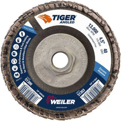 Weiler - 40 Grit, 4-1/2" Disc Diam, 5/8-11 Center Hole, Type 27 Zirconia Alumina Flap Disc - 13,000 Max RPM, Phenolic Backing, Arbor Attaching System, Coated - Exact Tooling