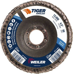 Weiler - 60 Grit, 4-1/2" Disc Diam, 7/8" Center Hole, Type 27 Zirconia Alumina Flap Disc - 13,000 Max RPM, Phenolic Backing, Arbor Attaching System, Coated - Exact Tooling