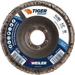 Weiler - 40 Grit, 4-1/2" Disc Diam, 7/8" Center Hole, Type 27 Zirconia Alumina Flap Disc - 13,000 Max RPM, Phenolic Backing, Arbor Attaching System, Coated - Exact Tooling