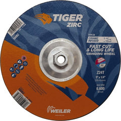 Weiler - 24 Grit, 9" Wheel Diam, Type 28 Depressed Center Wheel - Hard Grade, Zirconia Alumina, T Hardness, 6,600 Max RPM - Exact Tooling