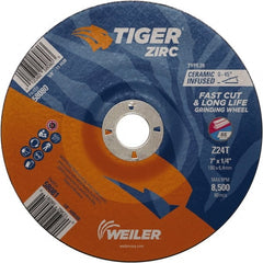Weiler - 24 Grit, 7" Wheel Diam, 7/8" Arbor Hole, Type 28 Depressed Center Wheel - Hard Grade, Zirconia Alumina, T Hardness, 8,500 Max RPM - Exact Tooling