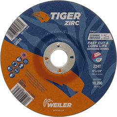 Weiler - 24 Grit, 6" Wheel Diam, 7/8" Arbor Hole, Type 27 Depressed Center Wheel - Hard Grade, Zirconia Alumina, T Hardness, 10,200 Max RPM - Exact Tooling
