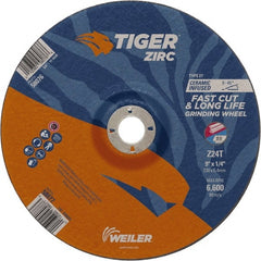 Weiler - 24 Grit, 9" Wheel Diam, 7/8" Arbor Hole, Type 27 Depressed Center Wheel - Hard Grade, Zirconia Alumina, T Hardness, 6,600 Max RPM - Exact Tooling