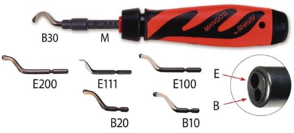 Shaviv - 8 Piece High Speed Steel Blade Hand Deburring Tool Set - B, E Blade Holder, B10, B20, B30;E100, E111, E200 Blades, For Hole Edge, Straight Edge - Exact Tooling