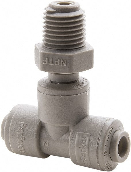 Parker - 3/8" Outside Diam, 3/8 NPTF, Acetal Push-to-Connect Tube Male Swivel Branch Tee - 300 Max psi, Gray - Exact Tooling