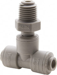 Parker - 3/8" Outside Diam, 3/8 NPTF, Acetal Push-to-Connect Tube Male Swivel Branch Tee - 300 Max psi, Gray - Exact Tooling
