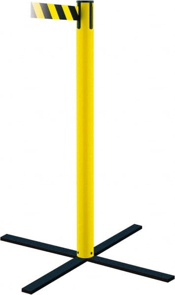 Tensator - 36" High, 5" Pole Diam, Stowaway Post - 22-3/4" Base Diam, Flat Metal Base, Yellow Plastic Post, 13' x 2" Tape, Single Line Tape, For Outdoor Use - Exact Tooling