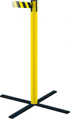 Tensator - 36" High, 5" Pole Diam, Stowaway Post - 22-3/4" Base Diam, Flat Metal Base, Yellow Plastic Post, 13' x 2" Tape, Single Line Tape, For Outdoor Use - Exact Tooling