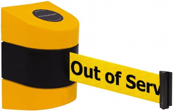 Tensator - 5" High x 3" Long x 3" Wide Barricade Tape Dispenser - Steel, Black Powdercoat Finish, Black/Yellow, Use with Tensabarrier - Exact Tooling