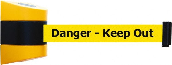 Tensator - 5" High x 3" Long x 3" Wide Barricade Tape Dispenser - Steel, Black Powdercoat Finish, Black/Yellow, Use with Tensabarrier - Exact Tooling