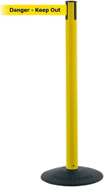 Tensator - 38" High, 2-1/2" Pole Diam, Barricade Tape Dispenser - 14" Base Diam, Round Stainless Steel Base, Black Polymer Post, 7-1/2' x 1-7/8" Tape, Single Line Tape, For Outdoor Use - Exact Tooling