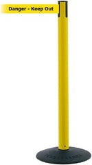 Tensator - 38" High, 2-1/2" Pole Diam, Barricade Tape Dispenser - 14" Base Diam, Round Stainless Steel Base, Black Polymer Post, 7-1/2' x 1-7/8" Tape, Single Line Tape, For Outdoor Use - Exact Tooling