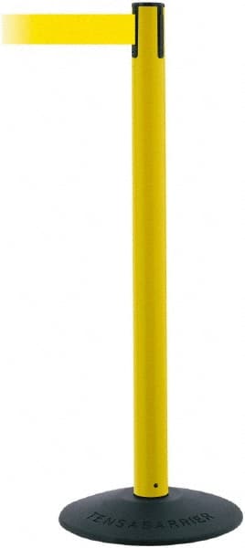 Tensator - 38" High, 2-1/2" Pole Diam, Barricade Tape Dispenser - 14" Base Diam, Round Stainless Steel Base, Black Polymer Post, 7-1/2' x 1-7/8" Tape, Single Line Tape, For Outdoor Use - Exact Tooling