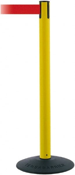 Tensator - 38" High, 2-1/2" Pole Diam, Barricade Tape Dispenser - 14" Base Diam, Round Stainless Steel Base, Black Polymer Post, 7-1/2' x 1-7/8" Tape, Single Line Tape, For Outdoor Use - Exact Tooling