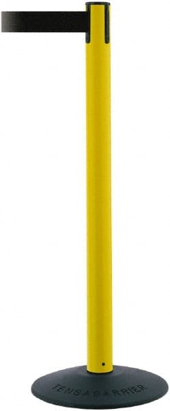 Tensator - 38" High, 2-1/2" Pole Diam, Barricade Tape Dispenser - 14" Base Diam, Round Stainless Steel Base, Yellow Polymer Post, 7-1/2' x 1-7/8" Tape, Single Line Tape, For Outdoor Use - Exact Tooling