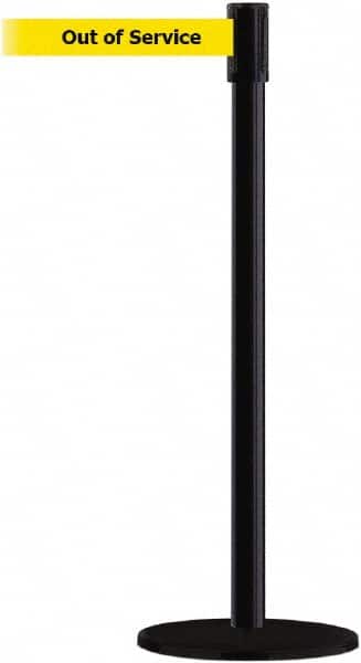 Tensator - 38" High, 2" Pole Diam, Barricade Tape Dispenser - 14" Base Diam, Round Plastic Base, Black Steel Post, 7-1/2' x 1-7/8" Tape, Single Line Tape, For Outdoor Use - Exact Tooling