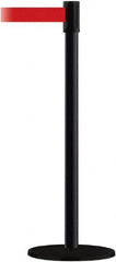 Tensator - 38" High, 2" Pole Diam, Barricade Tape Dispenser - 14" Base Diam, Round Plastic Base, Black Steel Post, 13' x 1-7/8" Tape, Single Line Tape, For Outdoor Use - Exact Tooling