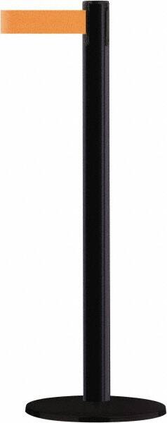 Tensator - 38" High, 2-1/2" Pole Diam, Barricade Tape Dispenser - 14" Base Diam, Round Stainless Steel Base, Black Steel Post, 13' x 1-7/8" Tape, Single Line Tape, For Outdoor Use - Exact Tooling