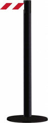 Tensator - 38" High, 2-1/2" Pole Diam, Barricade Tape Dispenser - 14" Base Diam, Round Stainless Steel Base, Black Steel Post, 13' x 1-7/8" Tape, Single Line Tape, For Outdoor Use - Exact Tooling
