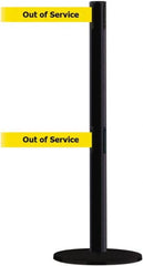 Tensator - 38" High, 2-1/2" Pole Diam, Barricade Tape Dispenser - 14" Base Diam, Round Plastic Base, Black Steel Post, 7-1/2' x 1-7/8" Tape, Dual Line Tape, For Outdoor Use - Exact Tooling