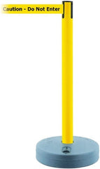 Tensator - 38" High, 2-1/2" Pole Diam, Barricade Tape Dispenser - 14" Base Diam, Round Plastic Base, Yellow Polymer Post, 7-1/2' x 1-7/8" Tape, Single Line Tape, For Outdoor Use - Exact Tooling