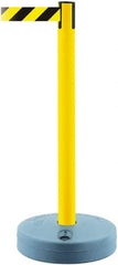 Tensator - 38" High, 2-1/2" Pole Diam, Barricade Tape Dispenser - 14" Base Diam, Round Plastic Base, Yellow Polymer Post, 7-1/2' x 1-7/8" Tape, Single Line Tape, For Outdoor Use - Exact Tooling