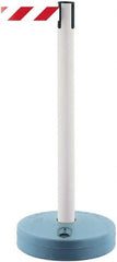 Tensator - 38" High, 2-1/2" Pole Diam, Barricade Tape Dispenser - 14" Base Diam, Round Plastic Base, White Polymer Post, 7-1/2' x 1-7/8" Tape, Single Line Tape, For Outdoor Use - Exact Tooling