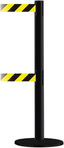 Tensator - 38" High, 2-1/2" Pole Diam, Barricade Tape Dispenser - 14" Base Diam, Round Plastic Base, Black Steel Post, 13' x 1-7/8" Tape, Dual Line Tape, For Outdoor Use - Exact Tooling