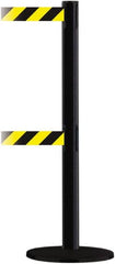 Tensator - 38" High, 2-1/2" Pole Diam, Barricade Tape Dispenser - 14" Base Diam, Round Plastic Base, Black Steel Post, 13' x 1-7/8" Tape, Dual Line Tape, For Outdoor Use - Exact Tooling