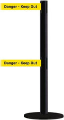 Tensator - 38" High, 2-1/2" Pole Diam, Barricade Tape Dispenser - 14" Base Diam, Round Plastic Base, Black Steel Post, 13' x 1-7/8" Tape, Dual Line Tape, For Outdoor Use - Exact Tooling
