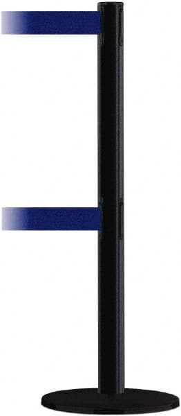 Tensator - 38" High, 2-1/2" Pole Diam, Barricade Tape Dispenser - 14" Base Diam, Round Plastic Base, Black Steel Post, 7-1/2' x 1-7/8" Tape, Dual Line Tape, For Outdoor Use - Exact Tooling