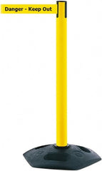 Tensator - 38" High, 2-1/2" Pole Diam, Barricade Tape Dispenser - 14" Base Diam, Round Rubber Base, Yellow Polymer Post, 7-1/2' x 1-7/8" Tape, Single Line Tape, For Outdoor Use - Exact Tooling