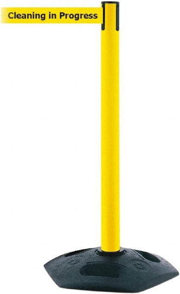 Tensator - 38" High, 2-1/2" Pole Diam, Barricade Tape Dispenser - 14" Base Diam, Round Rubber Base, Yellow Polymer Post, 7-1/2' x 1-7/8" Tape, Single Line Tape, For Outdoor Use - Exact Tooling