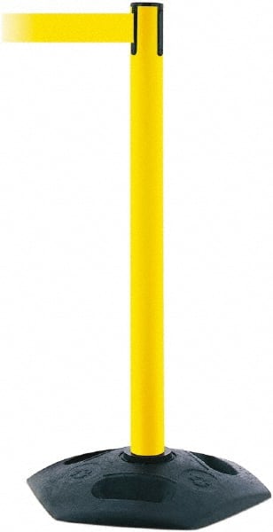 Tensator - 38" High, 2-1/2" Pole Diam, Barricade Tape Dispenser - 14" Base Diam, Round Rubber Base, Yellow Polymer Post, 7-1/2' x 1-7/8" Tape, Single Line Tape, For Outdoor Use - Exact Tooling
