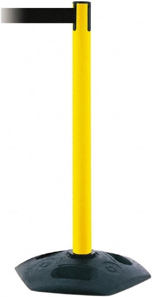 Tensator - 38" High, 2-1/2" Pole Diam, Barricade Tape Dispenser - 14" Base Diam, Round Rubber Base, Yellow Polymer Post, 7-1/2' x 1-7/8" Tape, Single Line Tape, For Outdoor Use - Exact Tooling