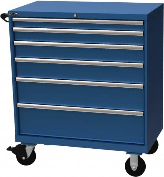 LISTA - 6 Drawer 440 Lb Capacity Steel Tool Roller Cabinet - 40-1/4" Wide x 47-3/8" High x 22-1/2" Deep, Roller Bearing Drawer Slides, Blue - Exact Tooling