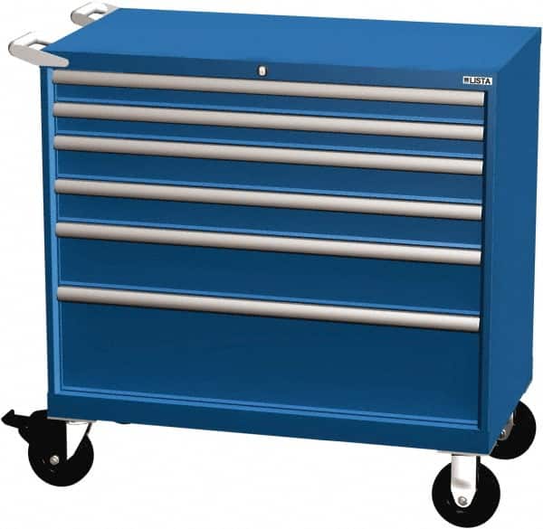 LISTA - 6 Drawer 440 Lb Capacity Steel Tool Roller Cabinet - 40-1/4" Wide x 41-1/2" High x 22-1/2" Deep, Roller Bearing Drawer Slides, Blue - Exact Tooling