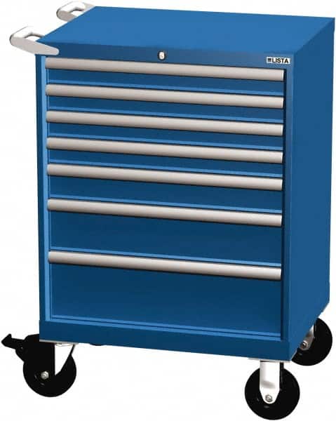 LISTA - 7 Drawer 165 Lb Capacity Steel Tool Roller Cabinet - 28-1/4" Wide x 41-1/2" High x 22-1/2" Deep, Roller Bearing Drawer Slides, Blue - Exact Tooling