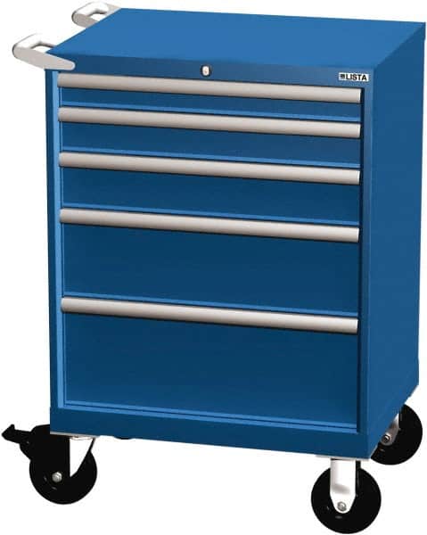 LISTA - 5 Drawer 165 Lb Capacity Steel Tool Roller Cabinet - 28-1/4" Wide x 41-1/2" High x 22-1/2" Deep, Roller Bearing Drawer Slides, Blue - Exact Tooling
