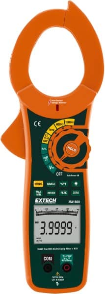 Extech - MA1500, CAT IV, Digital True RMS Auto Ranging Clamp Meter with 2" Clamp On Jaws - 750 VAC, 1000 VDC, 1500 AC/DC Amps, Measures Voltage, Capacitance, Current, Frequency, Resistance - Exact Tooling