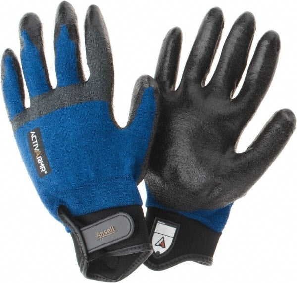 Ansell - Size L, ANSI Cut Lvl A3, Abrasion Lvl 3, Cut Resistant Gloves - Palm Coated, Black/Blue - Exact Tooling