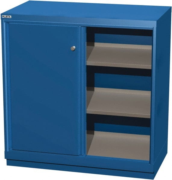 LISTA - 3 Shelf Sliding Door Storage Cabinet - Steel, 40-1/4" Wide x 22-1/2" Deep x 41-3/4" High, Blue - Exact Tooling