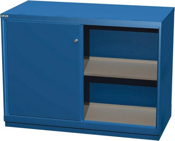 LISTA - 2 Shelf Sliding Door Storage Cabinet - Steel, 56-1/2" Wide x 28-1/2" Deep x 41-3/4" High, Blue - Exact Tooling
