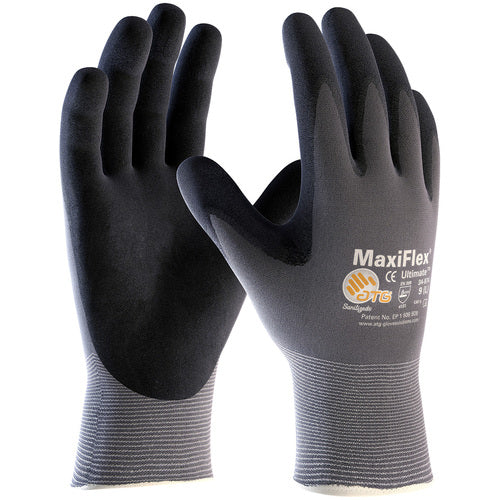 ‎34-874/L MaxiFlex Seamless Knits - MaxiFlex Ultimate - 15G Gray Nylon Shell - Black Nitrile MicroFoam Grip - Exact Tooling