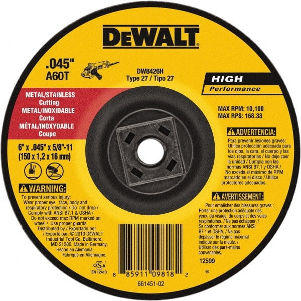 DeWALT - 60 Grit, 6" Wheel Diam, Type 27 Depressed Center Wheel - Aluminum Oxide, Resinoid Bond, 10,100 Max RPM - Exact Tooling