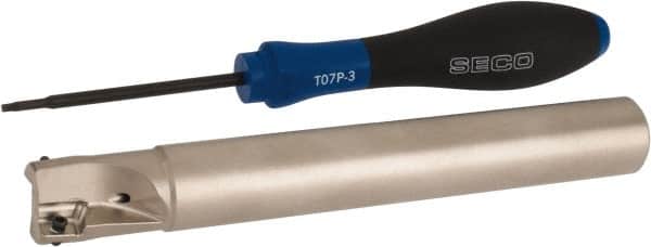 Seco - 3/4" Cut Diam, 0.354" Max Depth of Cut, 3/4" Shank Diam, 5.906" OAL, Indexable Square Shoulder End Mill - XO.X 10T3.. Inserts, Cylindrical Shank, 90° Lead Angle, Through Coolant, Series Turbo 10 - Exact Tooling