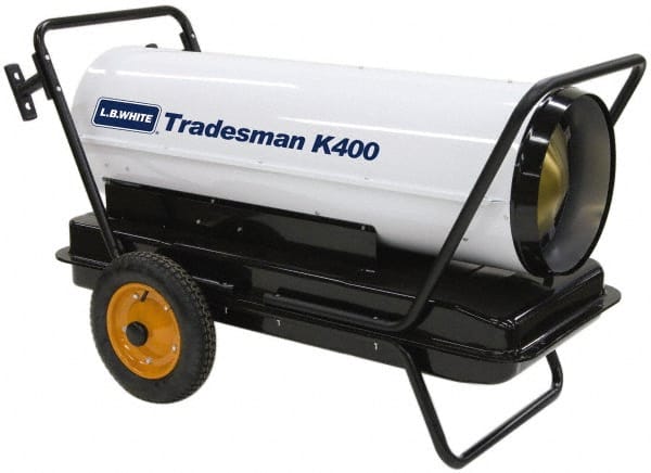 LB White - 400,000 BTU Rating, Multi-Fuel Forced Air Heater with Thermostat - 9,000 Sq Ft Max Heating Area, 29 Gal Capacity, Fuel with Kerosene, #1 Diesel & Jet A Fuel - Exact Tooling