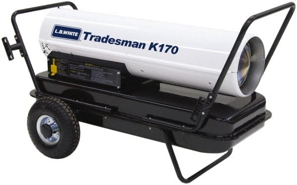 LB White - 175,000 BTU Rating, Multi-Fuel Forced Air Heater with Thermostat - 4,200 Sq Ft Max Heating Area, 13 Gal Capacity, Fuel with Kerosene, #1 Diesel & Jet A Fuel - Exact Tooling