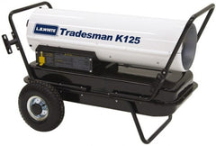 LB White - 125,000 BTU Rating, Multi-Fuel Forced Air Heater with Thermostat - 3,000 Sq Ft Max Heating Area, 10 Gal Capacity, Fuel with Kerosene, #1 Diesel & Jet A Fuel - Exact Tooling