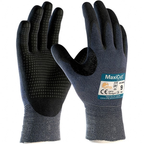 ATG - Size M, ANSI Cut Lvl A3, Puncture Lvl 2, Abrasion Lvl 4, Nitrile Coated Engineered Yarn Cut Resistant Gloves - Palm & Fingers Coated, Knit Wrist, Blue, Paired - Exact Tooling